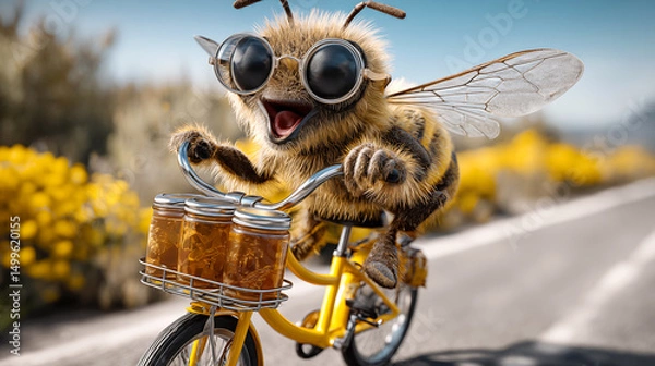 Obraz Bee riding a tiny yellow delivery bicycle, wearing small round sunglasses and smiling with joy. 