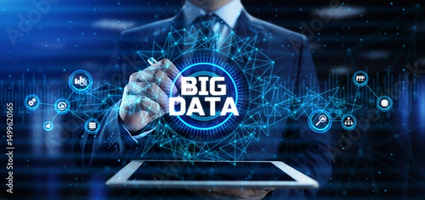 Fototapeta Big Data Analysis Analytics internet technology concept. Businessman pressing button on screen.