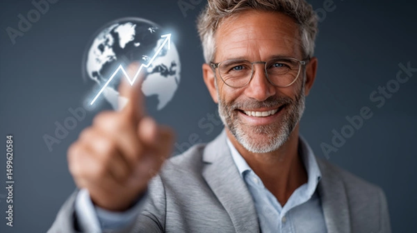 Obraz A businessman in a suit is interacting with a holographic display showing financial charts and global data,