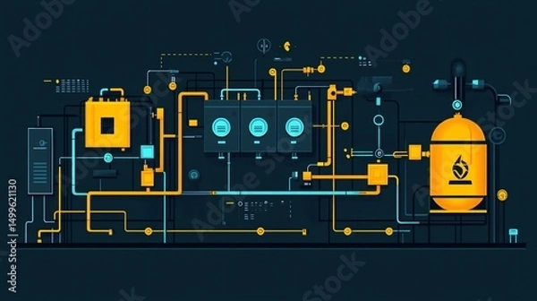 Fototapeta flat eco vector illustration showing step-by-step process of turning food waste into clean energy, compost bin to biogas system to power grid, colorful modern design, minimalist layout
