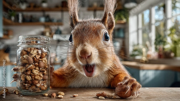 Obraz Squirrel holding a nut, looking around suspiciously