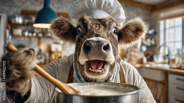 Obraz Cow standing upright in a bright, clean rustic kitchen setting