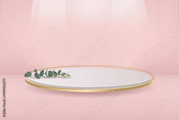 Fototapeta Minimalist Pink Product Display with Gold Ring and Eucalyptus Branch