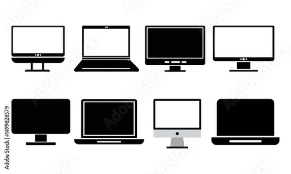 Obraz computer and laptop black and white icon set, silhouettes, flat desktop monitor illustrations for tech and UI design