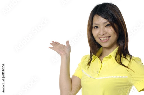 Fototapeta Portrait of a beautiful woman holding out her hand,