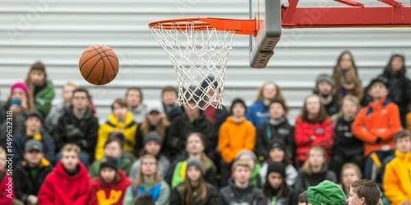 Obraz A basketball is in the air and is about to go through a hoop