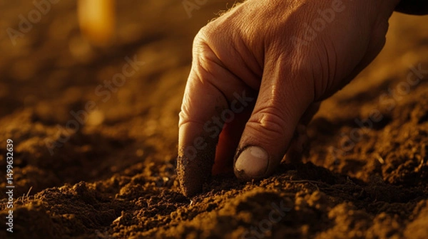 Obraz A close-up of a hand planting in rich, brown soil under warm sunlight.