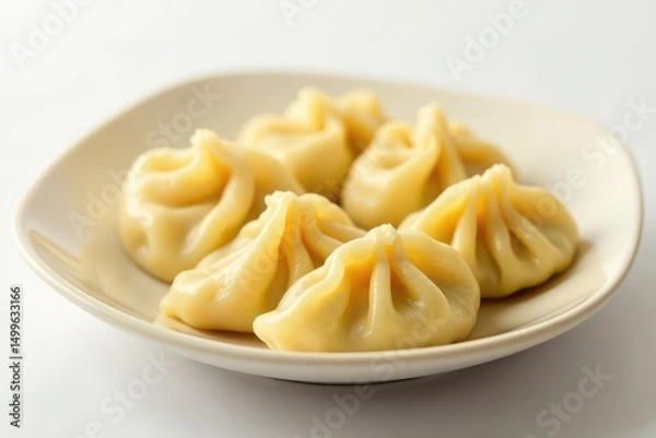 Fototapeta Steaming dumplings arranged on white background, shadow, dim sum, lunch
