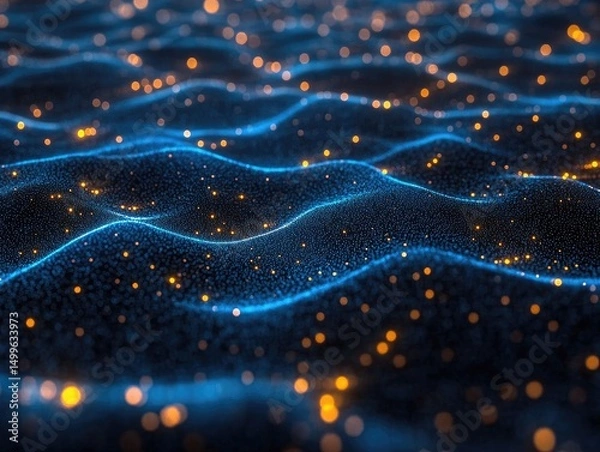 Fototapeta Abstract Digital Ocean with Glowing Gold Dots on Dark Blue Wavy Surface: Night Wave Concept for Tech Branding, Data Visualization, or Artistic Backgrounds. Dynamic Light Flow and High-Resolution Textu
