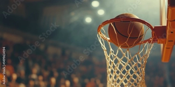 Obraz A basketball is in the air, about to go through a net