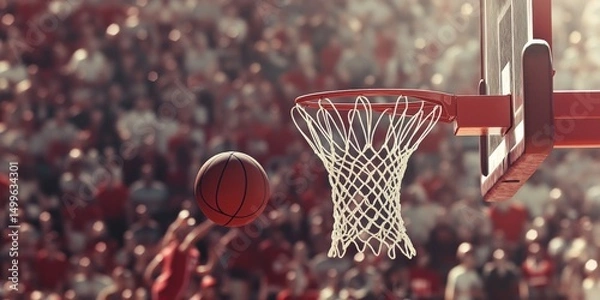 Obraz A basketball is in the air and about to go through a hoop