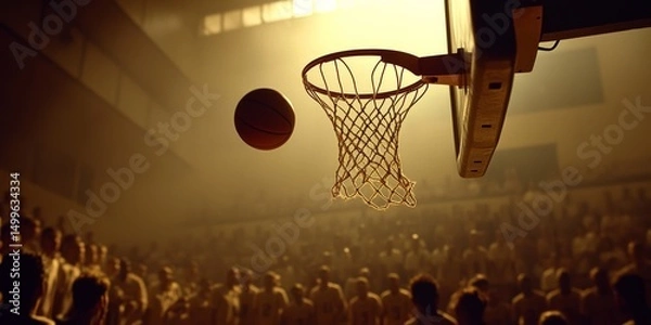 Obraz A basketball is in the air and is about to go through a hoop