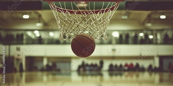 Obraz A basketball is in the air, about to go through a net