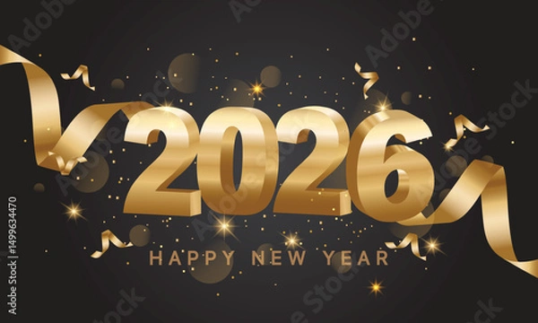 Fototapeta Happy New Year 2026. Golden 3D numbers with ribbons and confetti , isolated on transparent background.