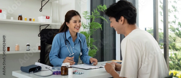 Fototapeta Health and Wellness. Doctor and patient sharing a positive interaction during a consultation.