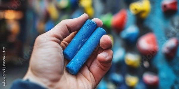 Obraz A hand holding two blue chalk pieces
