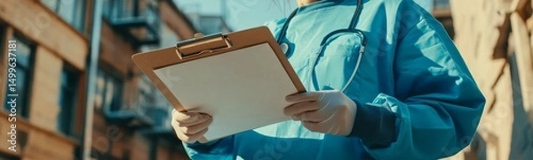 Obraz A woman in a blue scrubs is holding a clipboard