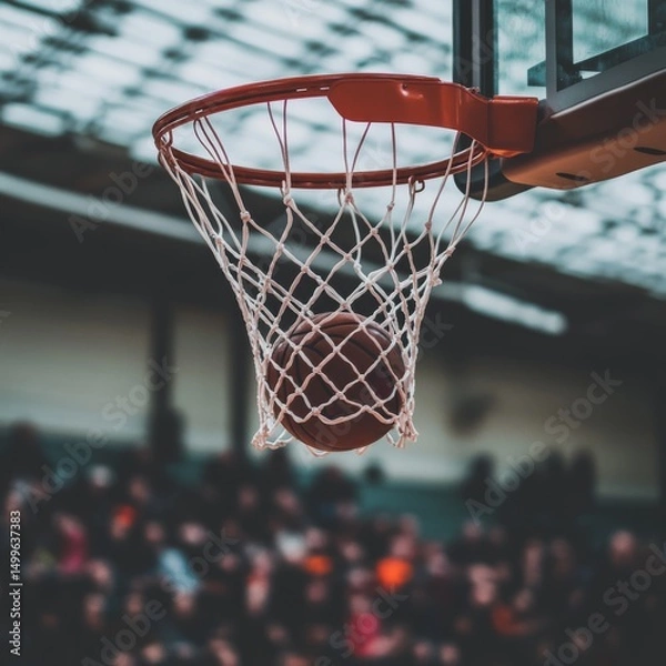 Obraz A basketball is in the net of a basketball hoop