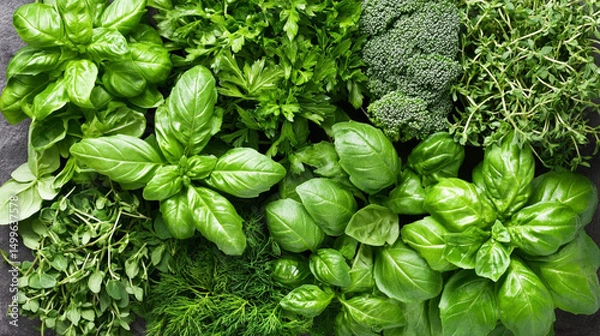 Obraz A vibrant assortment of fresh herbs and greens on a stone surface.