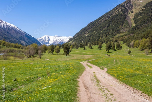 Fototapeta Road in caucasus Mountains spring landscape. Karachay-Cherkessia, Russia