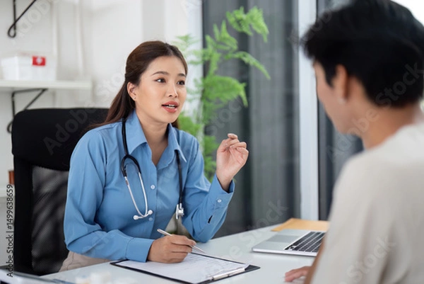 Fototapeta Health and Wellness. Doctor explaining health issues to a patient in a clinical setting.