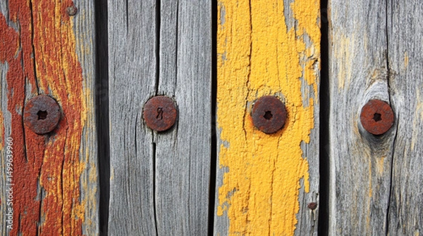 Obraz Weathered wooden planks with rusted nails in vibrant colors.