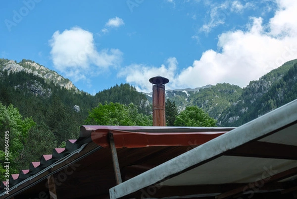 Obraz Rustic chimney with Olympus mountain background

