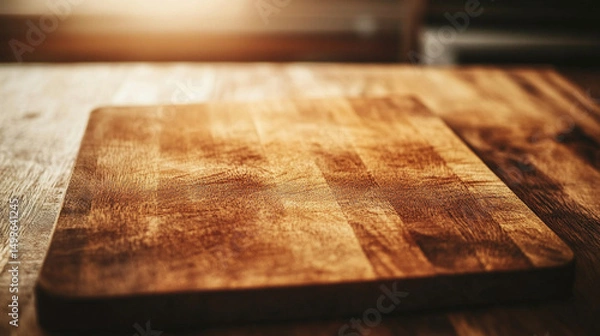Obraz Warm wooden cutting board on a rustic kitchen table.