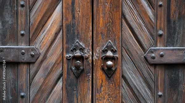 Obraz Close-up of a rustic wooden door with decorative handles.