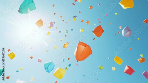 Obraz Colorful lanterns floating in a bright blue sky under warm sunlight.