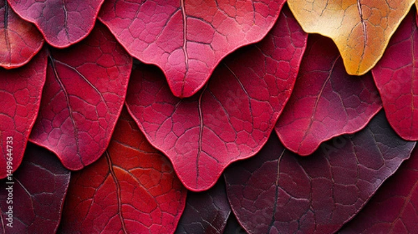 Obraz A close-up view of layered red and maroon leaves, showcasing texture.