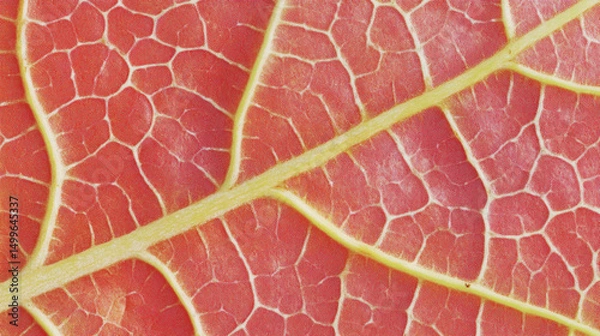 Obraz A close-up of a vibrant red leaf showcasing intricate vein patterns.