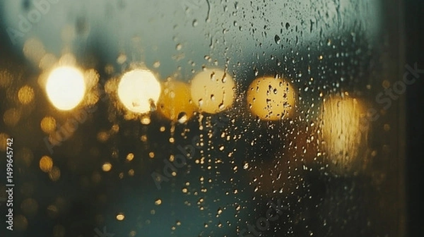 Obraz A serene rainy window scene with blurred lights creating a calm atmosphere.