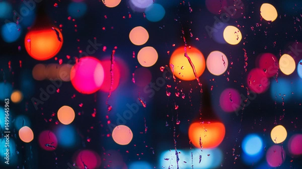 Obraz Colorful bokeh lights seen through a rain-splattered window.