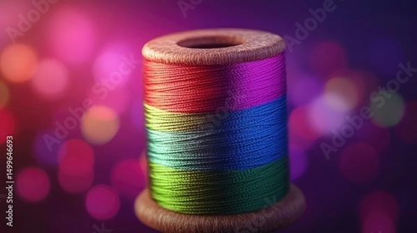 Fototapeta Close-up of a wooden spool of multicolored thread against a blurred background of vibrant bokeh lights