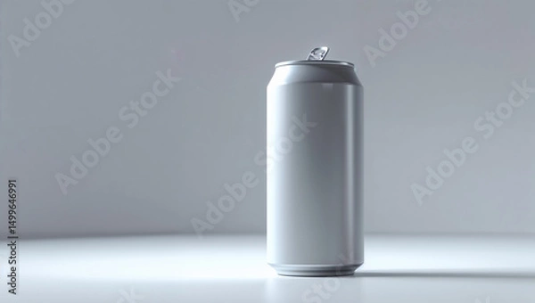 Fototapeta Close up of a silver aluminum can standing on a white surface against a light gray background