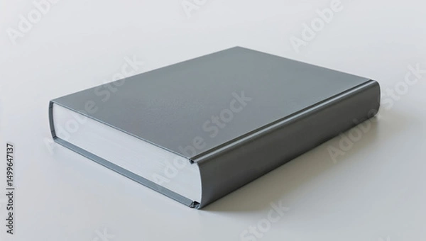 Fototapeta A gray hardcover book with white pages resting on a white surface in a simple composition style