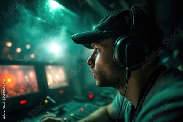 Fototapeta Lighting engineer working during live show using control desk