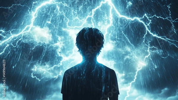 Obraz A silhouette of a boy amidst a dramatic storm with lightning.