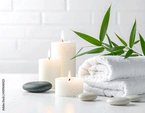 Obraz Zen Spa Still Life with White Candles, Black Stones, Rolled Towels and Green Leaves on White Background