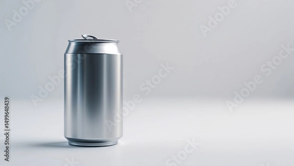 Fototapeta A single silver aluminum can with an open tab sitting on a white surface in a studio setting