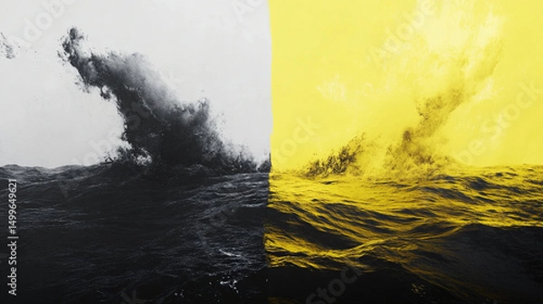Obraz A striking contrast between black-and-white and yellow ocean waves.