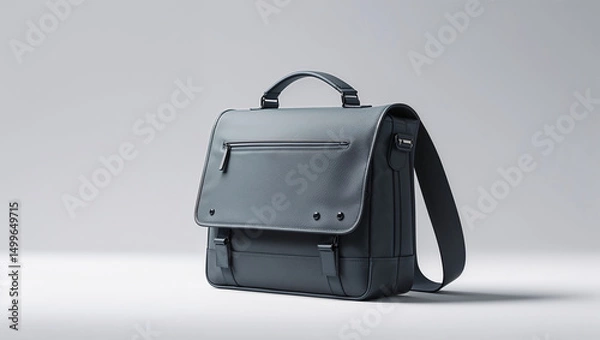 Fototapeta A gray leather messenger bag with a handle and shoulder strap on a white background in a studio setting