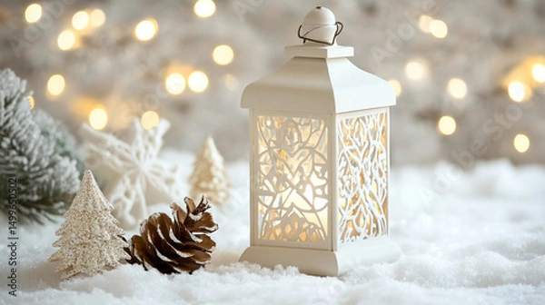 Obraz A white lantern glowing softly amidst winter decorations.