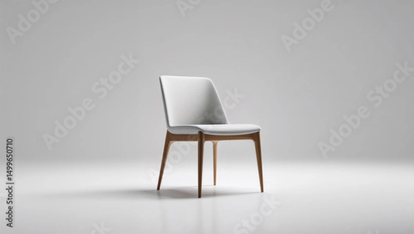 Fototapeta A single modern chair with white upholstery and wooden legs on a white background in studio light