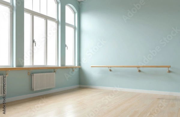 Fototapeta Empty dance studio with ballet barre. Room features large windows wooden floor. Interior design, light, shadow. Modern dance school. Space for workout, stretching exercises. Light mint color on