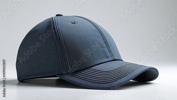 Fototapeta A close up studio shot of a blue baseball cap with a button on top on a white surface backdrop