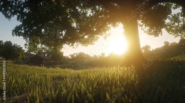 Obraz A serene sunset scene with a tree and grass in a peaceful rural landscape.