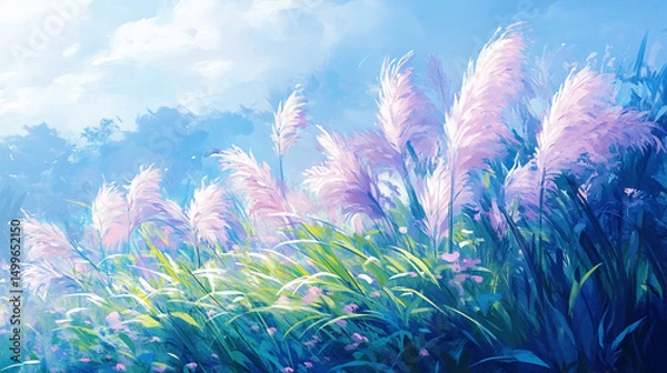 Obraz A vibrant field of pampas grass under a bright, blue sky.