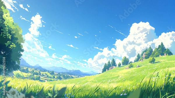 Obraz A serene landscape featuring a vibrant meadow under a blue sky.